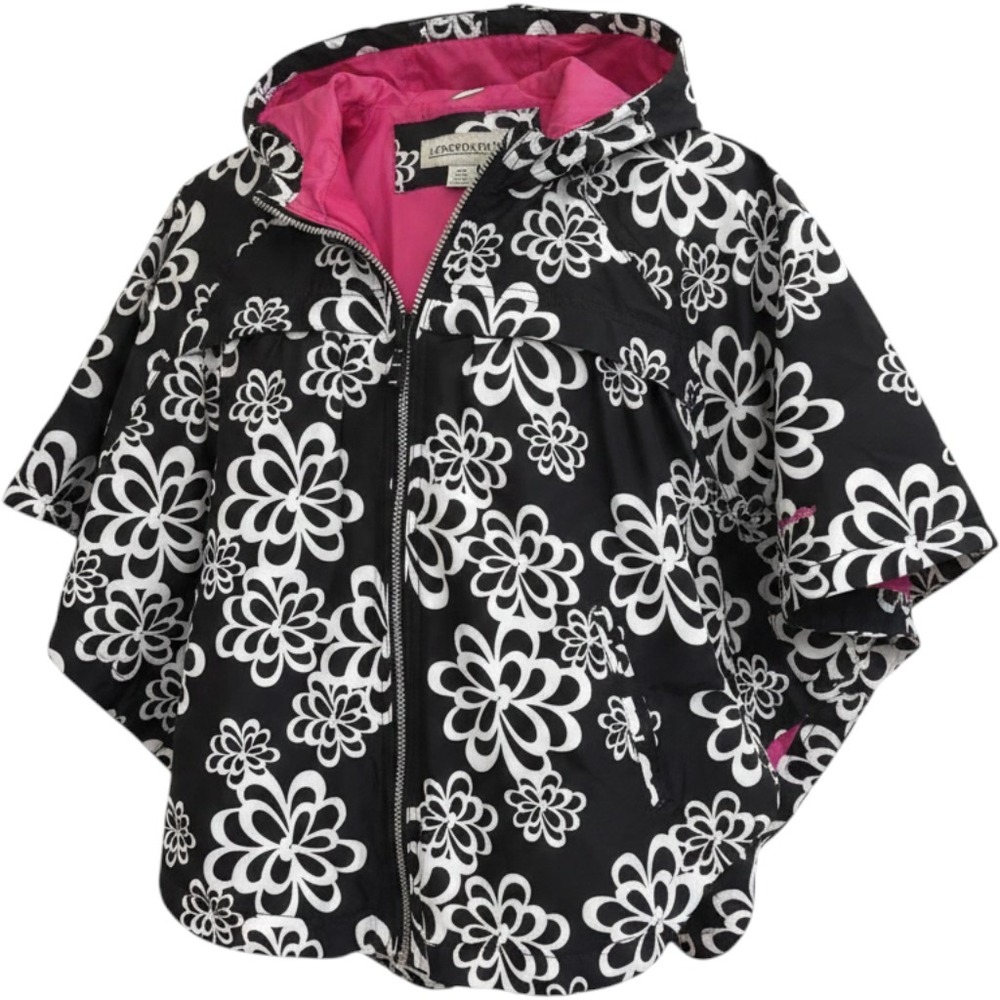 London Fog Girls Black White Floral Hooded Poncho Jacket Pink Lining L 6X